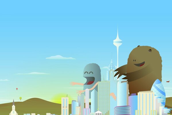 Vector drawing of monsters in the city
