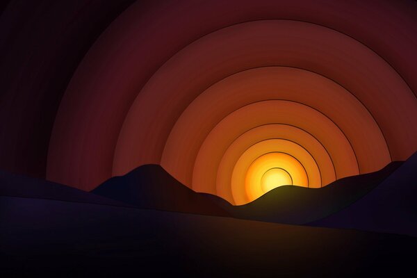 Le soleil des cercles concentriques se couche derrière la montagne
