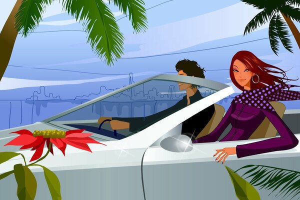 Vector image of a young couple in a car