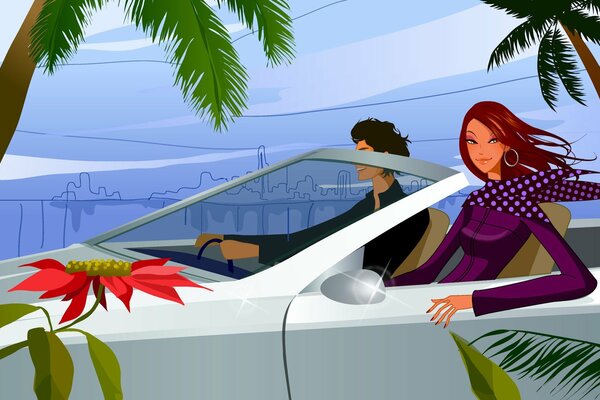 Image vectorielle d un jeune couple dans une voiture