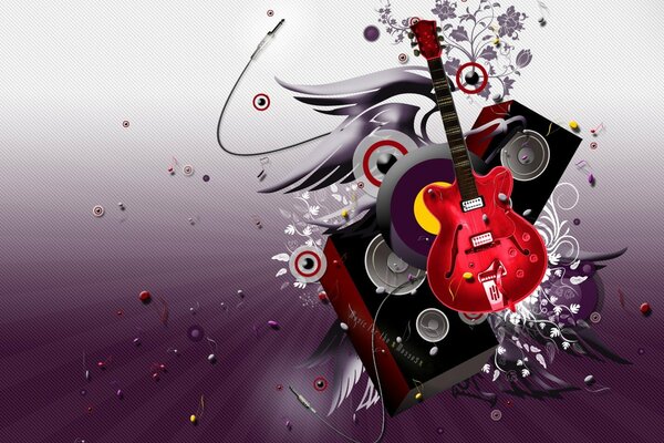 Guitar and speakers with wings on a purple background