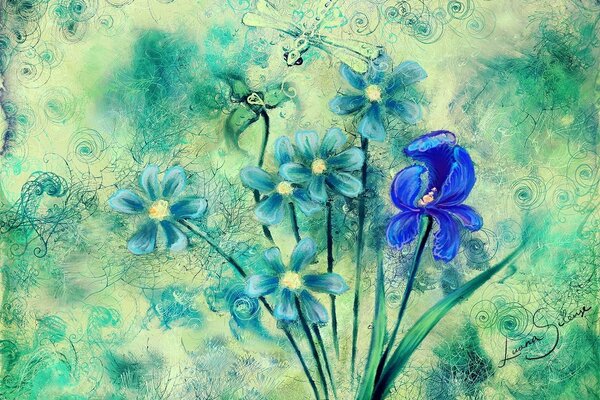 Disegno di fiori blu libellula volare sopra di loro