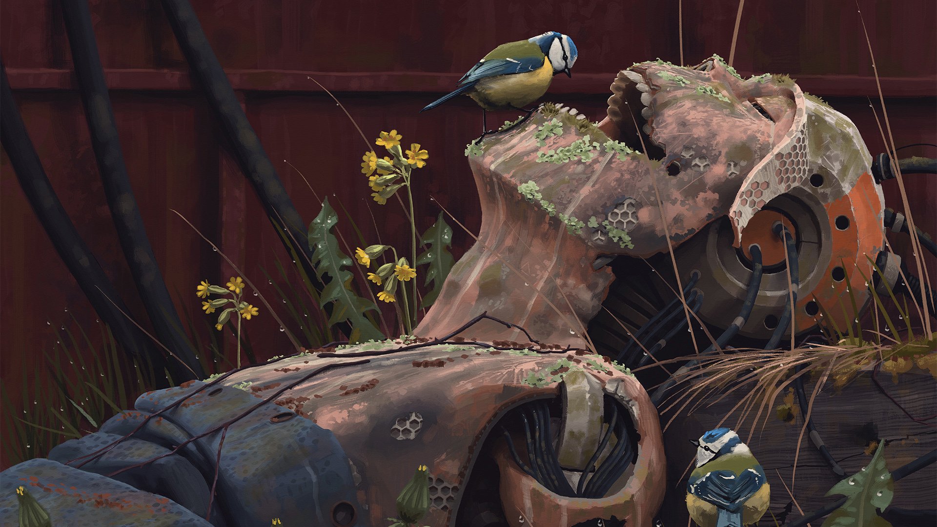 arte simon stålenhag simon stålenhag artista robot cyborg ficción hierba ruinas pájaros