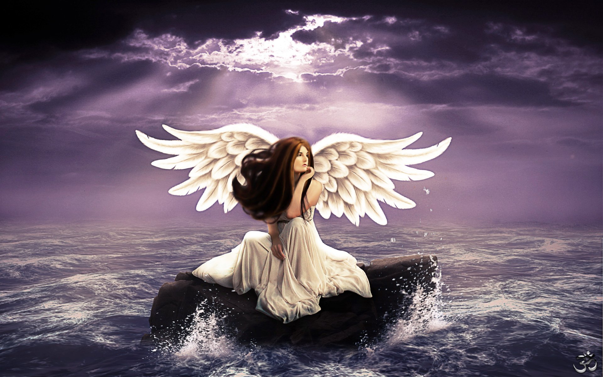 girl wings angel long hair face view thoughtful white dress sea waves sky