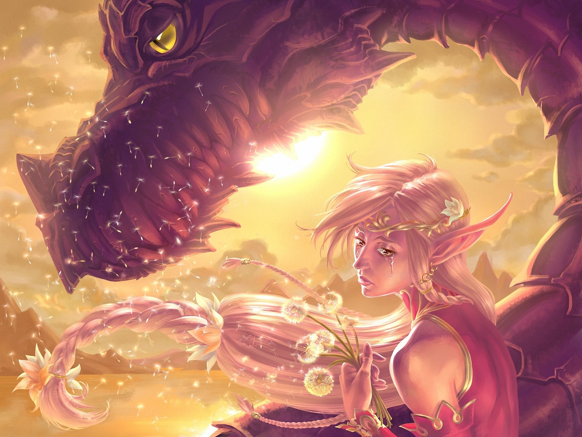 art fantasy dragon fille elfe elfe larme émotion soleil pissenlits fleurs