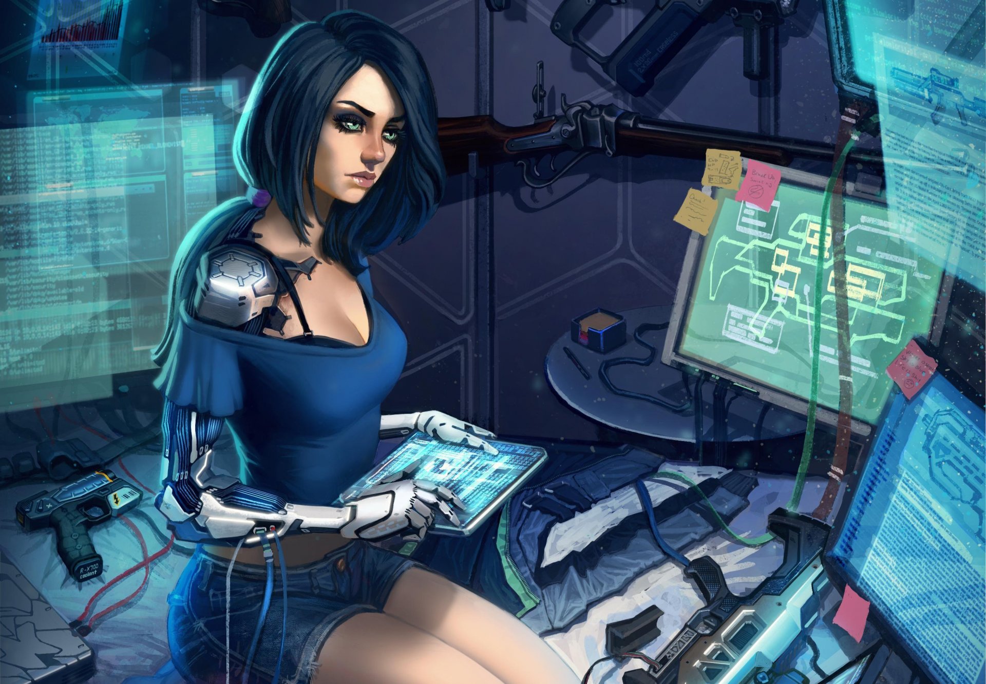 fiction art sci-fi cyborg girl view technology monitor