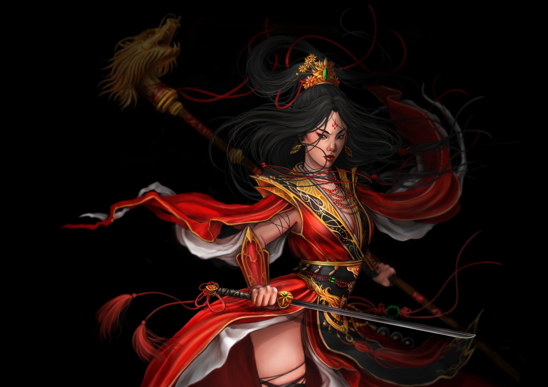 fiction art girl samurai view weapon pose black background