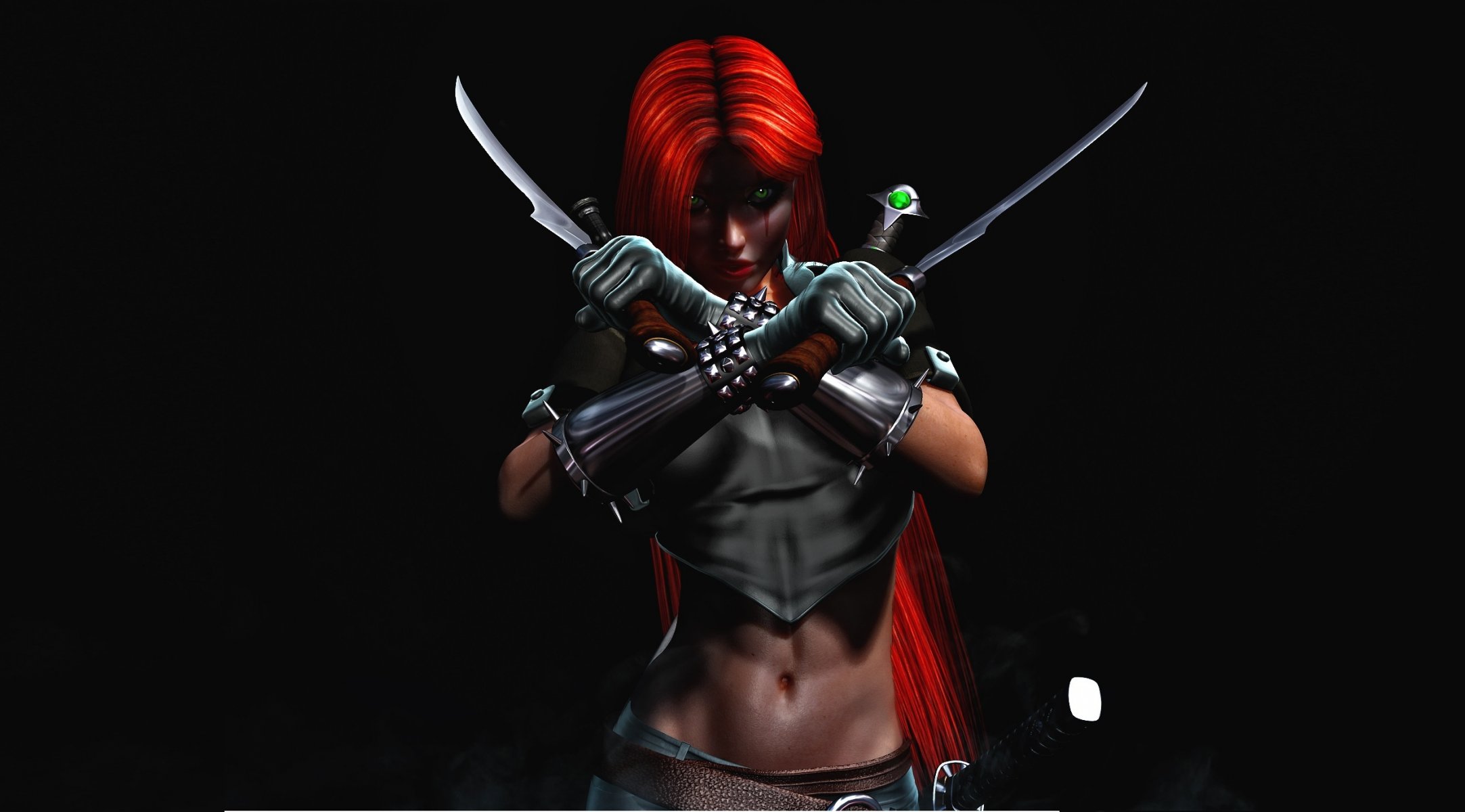 bloodrayne vampire red hair view green eyes weapon background fog