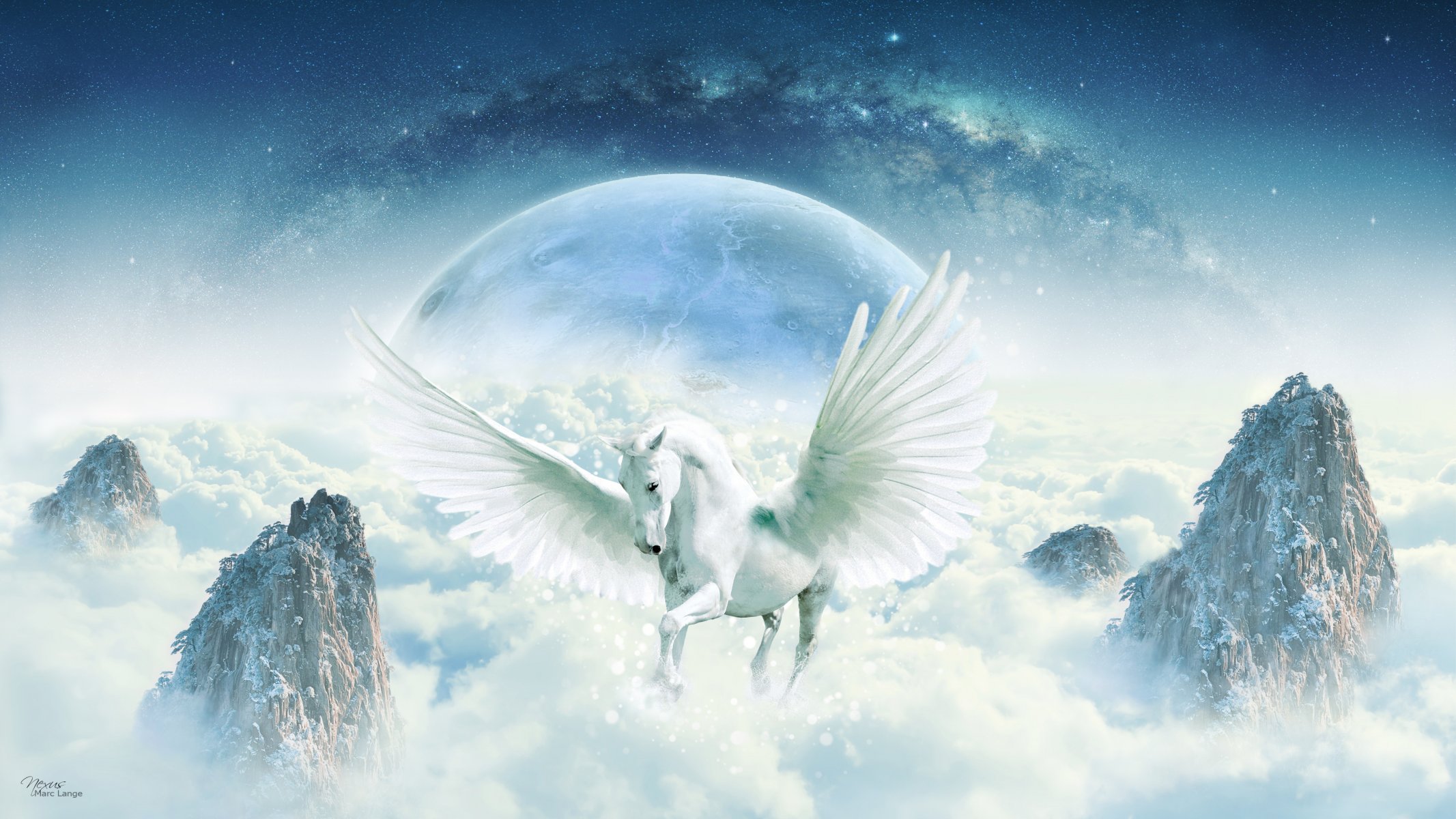 fantasie kunst fantasie magie phantasie pferd pferd pegasus flügel schwingen wolkendecke felsen horizont firmament raum milchstraße sternensplitter planet