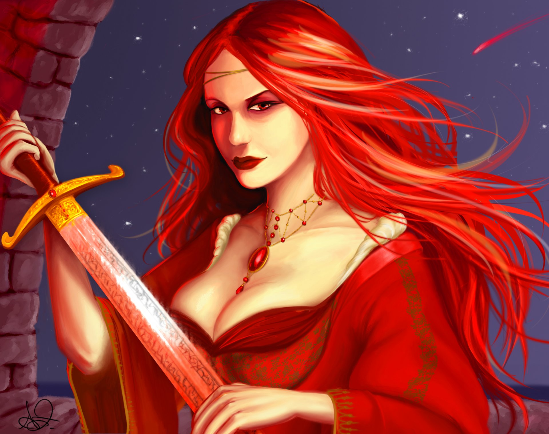 melisandre juego de tronos arte chica pelo rojo mirada vestido decoración espada patrones