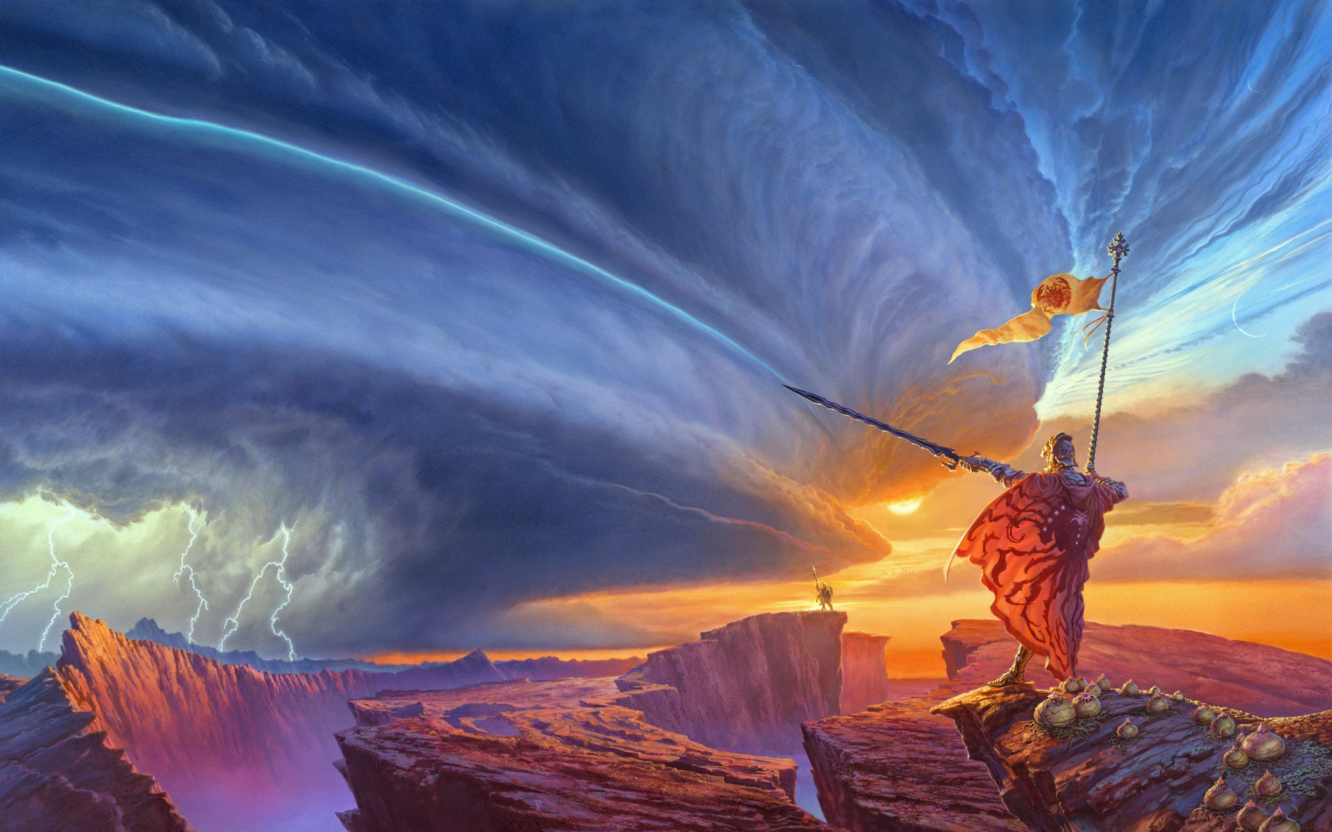 art michael whelan illustration du livre brandon sanderson chemin des rois chemin des rois roches montagnes foudre guerre épée cape bannière falaise coucher de soleil nuages