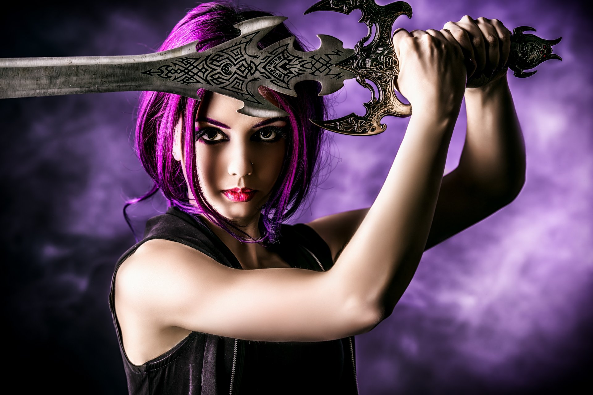 girl bright hair make-up view piercing sword weapon background