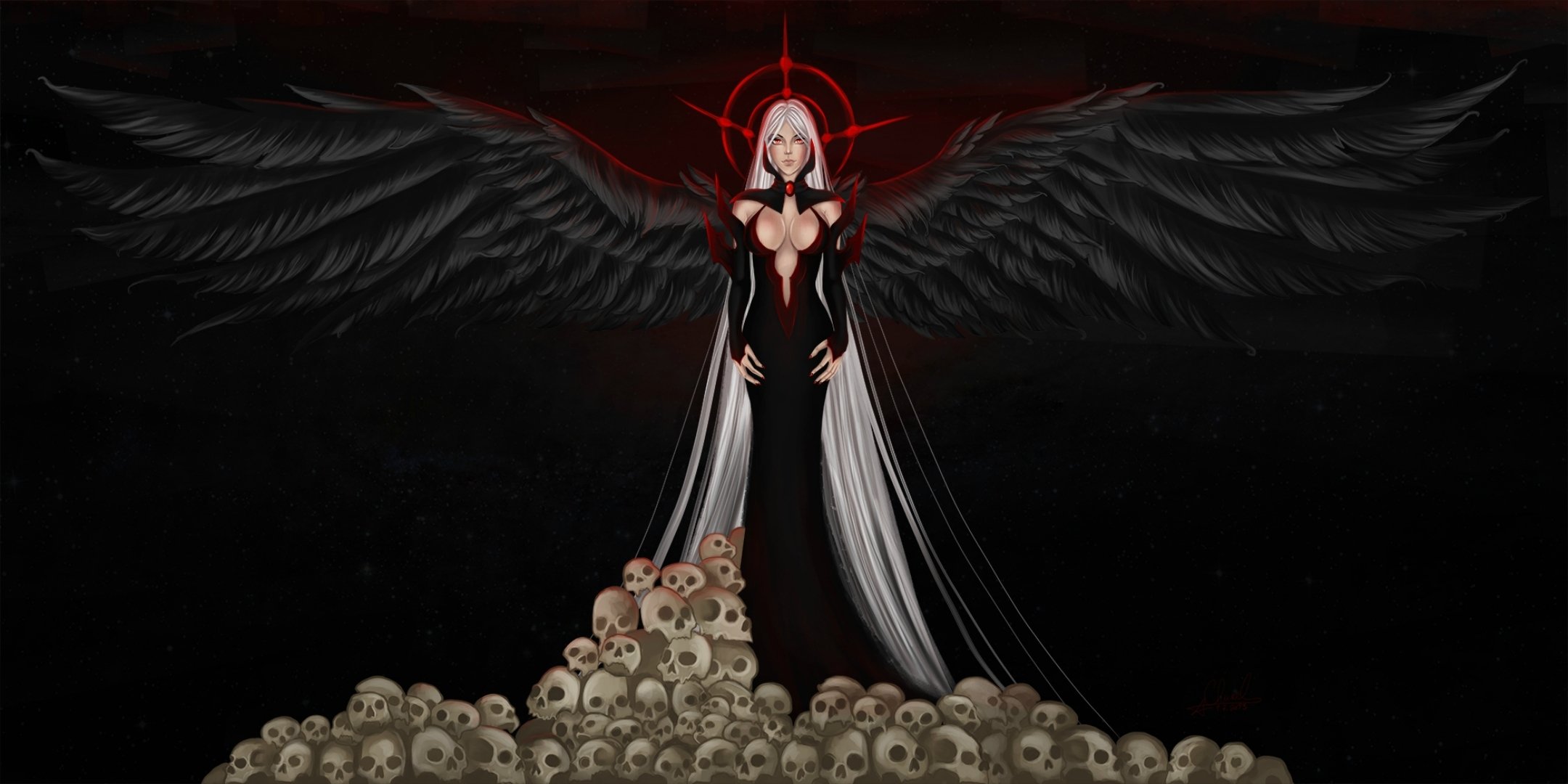 art angel black wings dress view face hair background skull