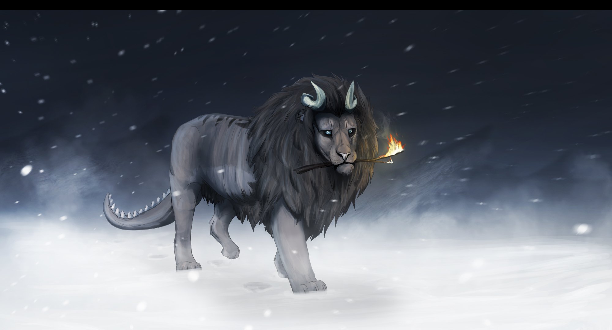 fiction animal lion crinière cornes queue bâton feu hiver froid neige