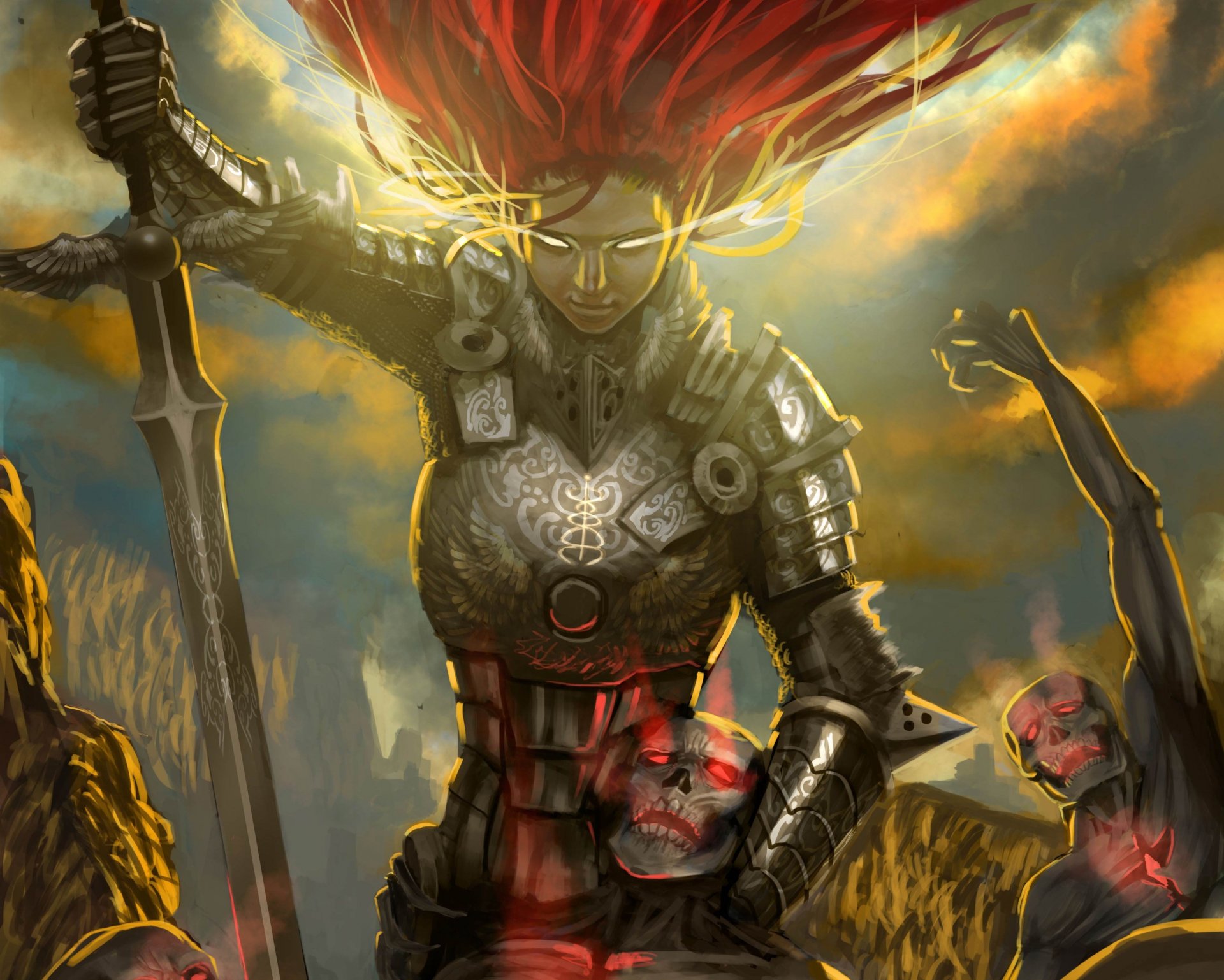 fantasy art angel armor armor red hair sword weapons demon