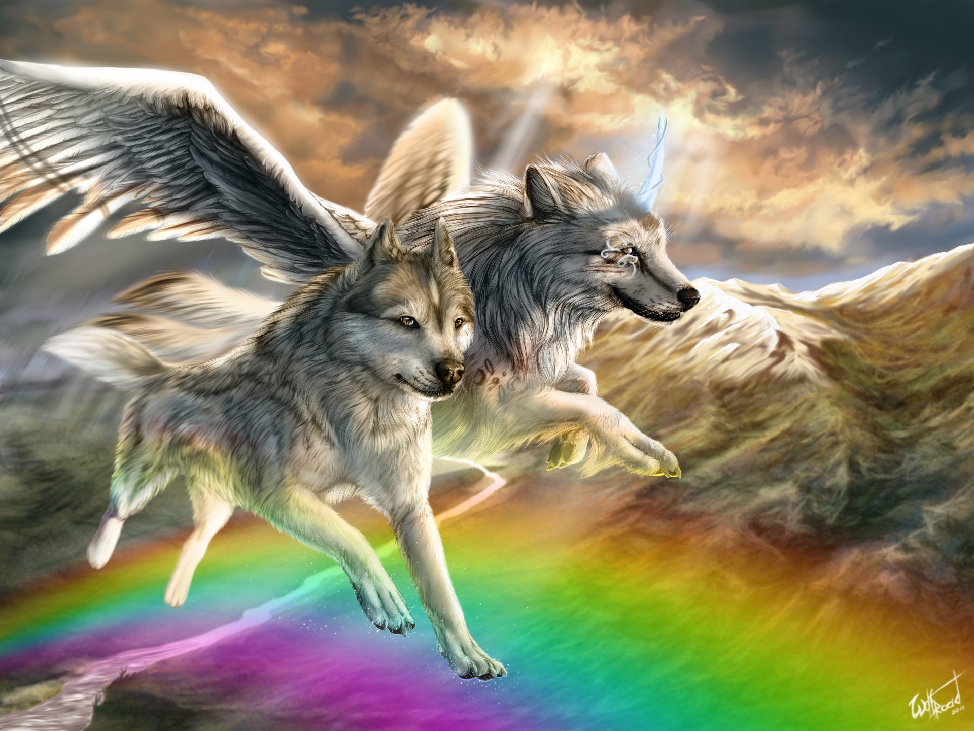 arte fantascienza animali lupi coppia ali montagne fiume arcobaleno