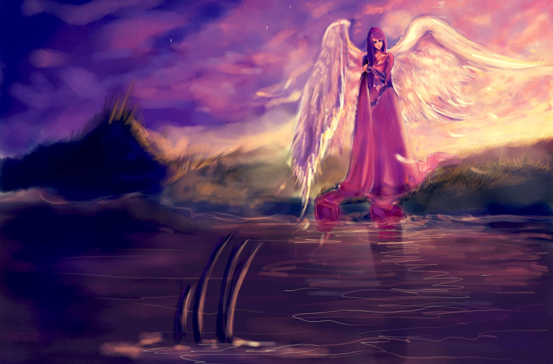 fiction art angel wings red dress hair face view water reflection sky