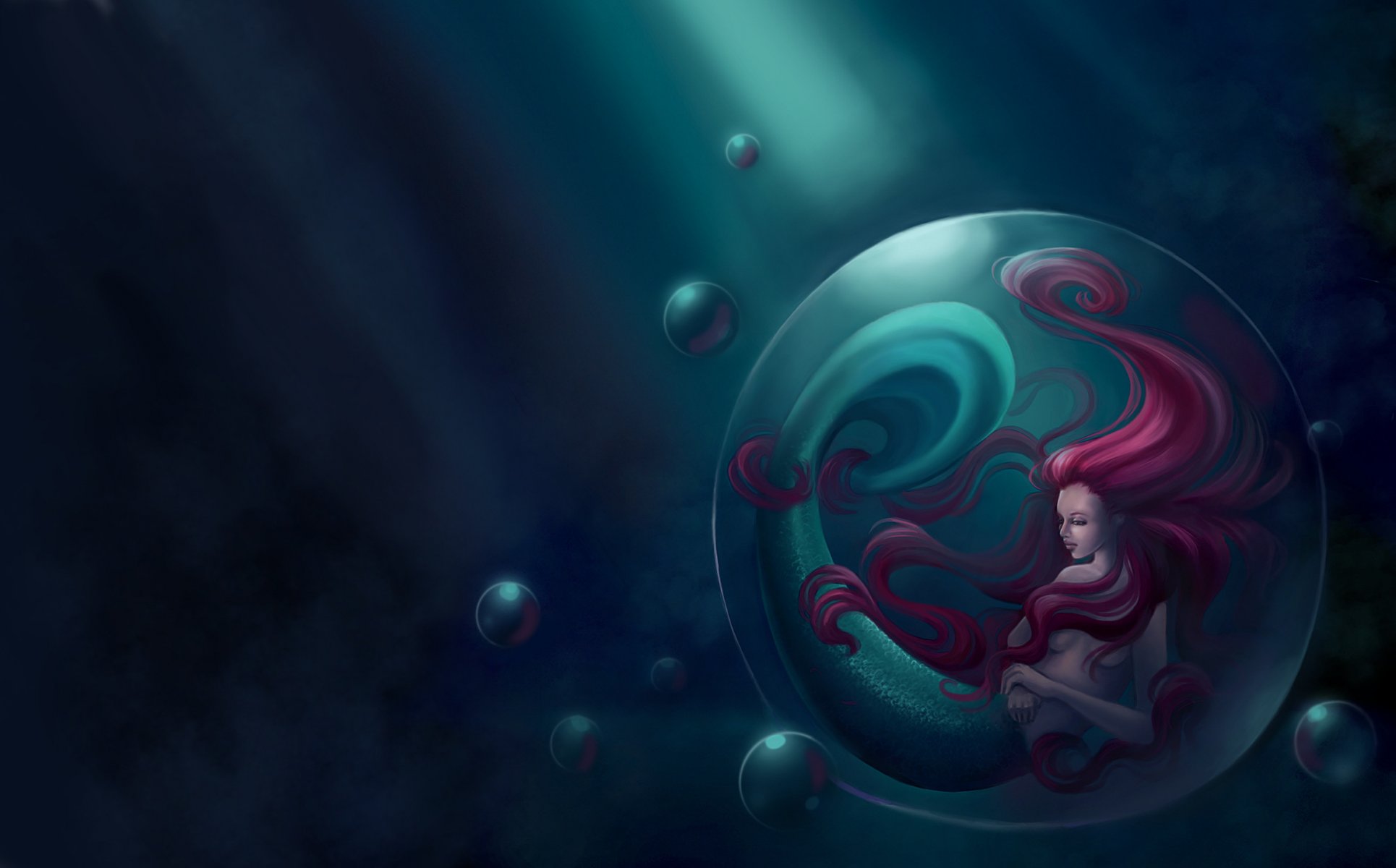 fantasía arte sirena pelo rojo cola aleta burbuja mar