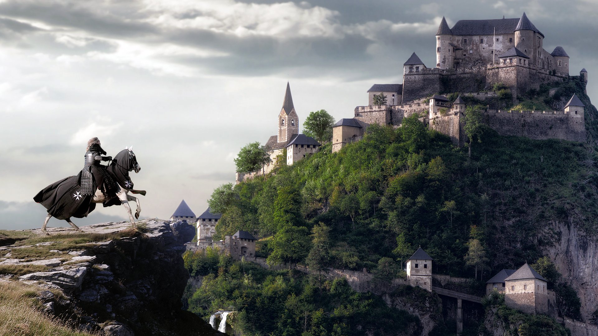 pferd reiter schloss felsen klippe collage kreuz