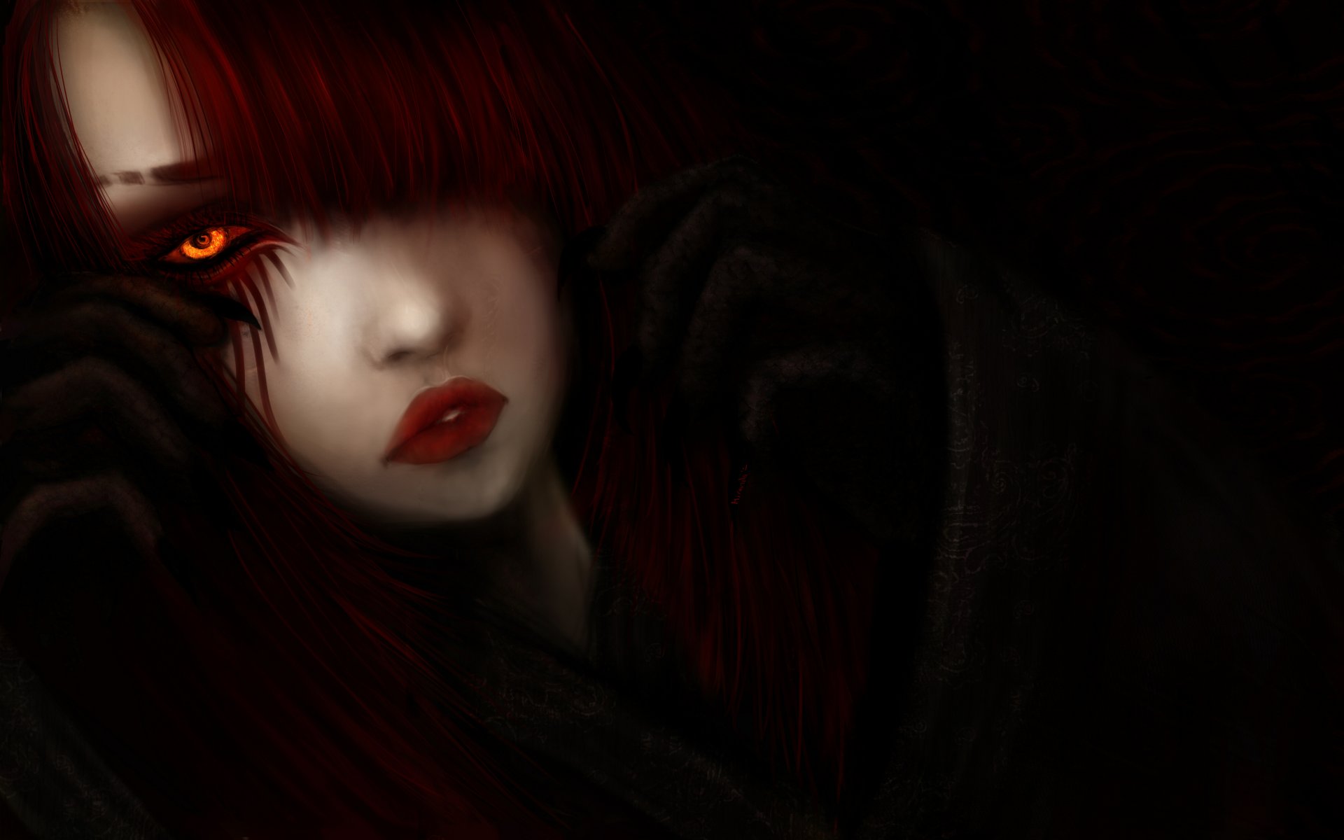 fantatika art girl view red lips hair black background