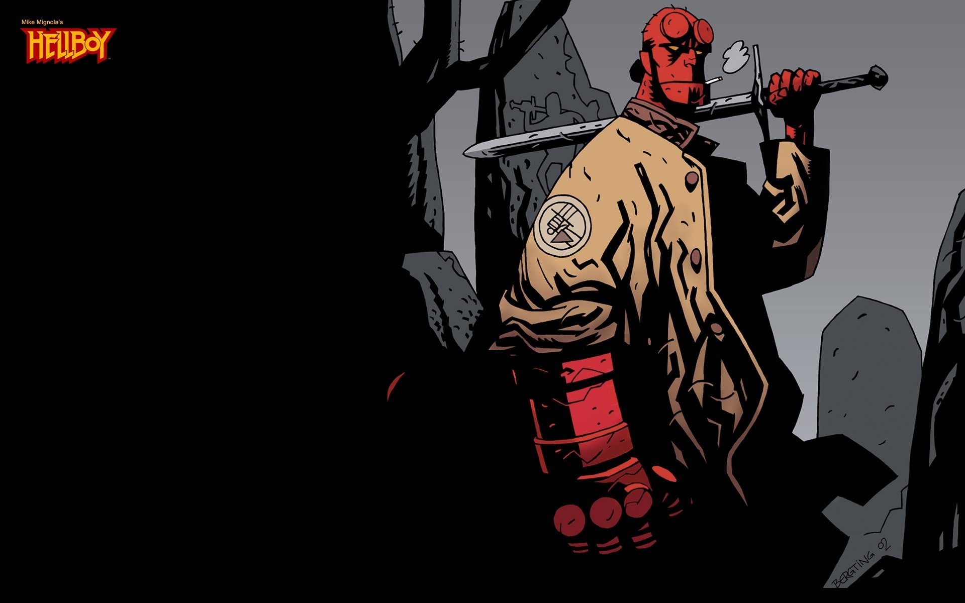 hellboy demonio espada capa mirada