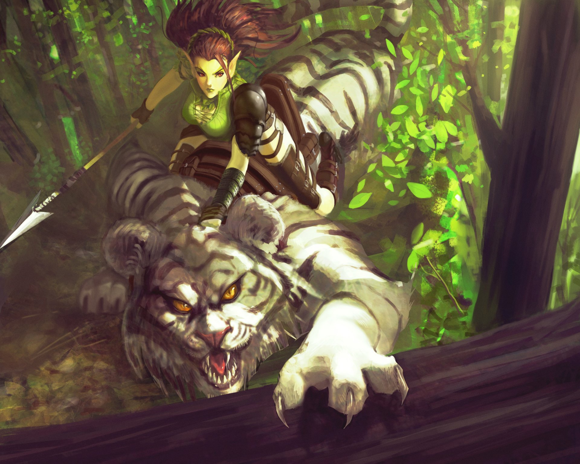 art fantasy forêt elfe fille tigre prédateur