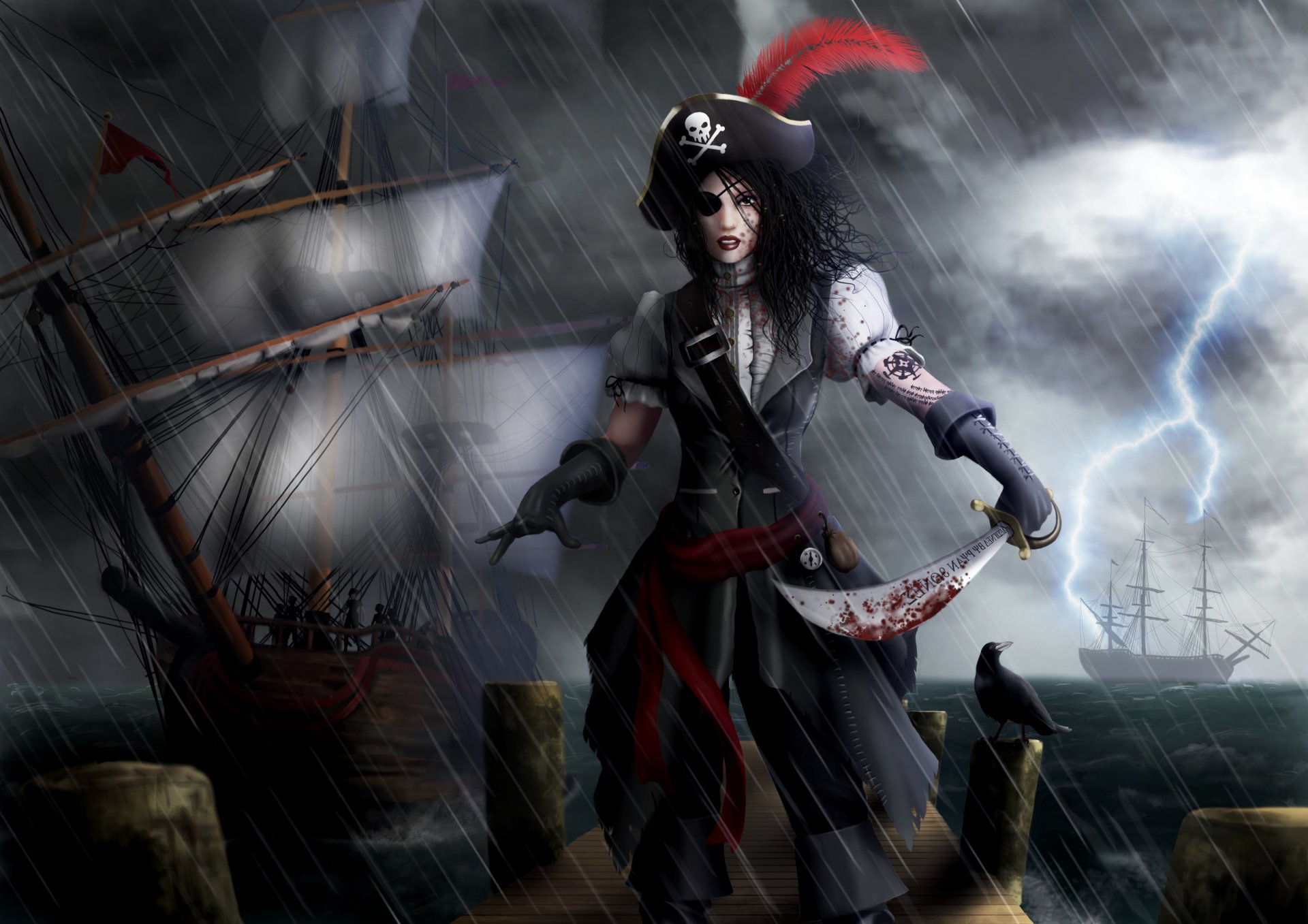 art ryan jones girl pirates rain ships sea sword blood lightning feather cornered hat gloves bandage