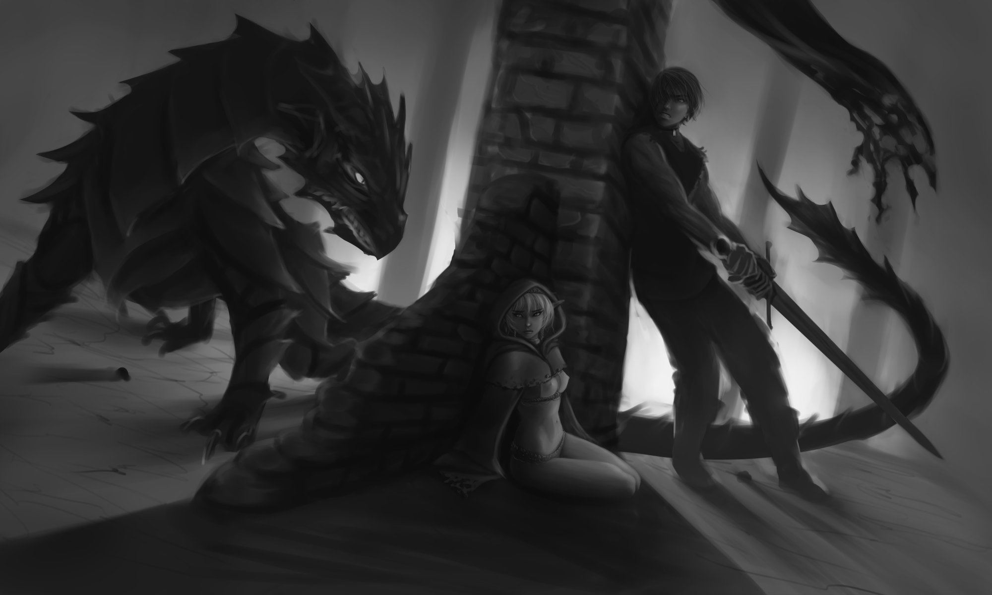 art noir et blanc fille elfe peur garçon épée dragon