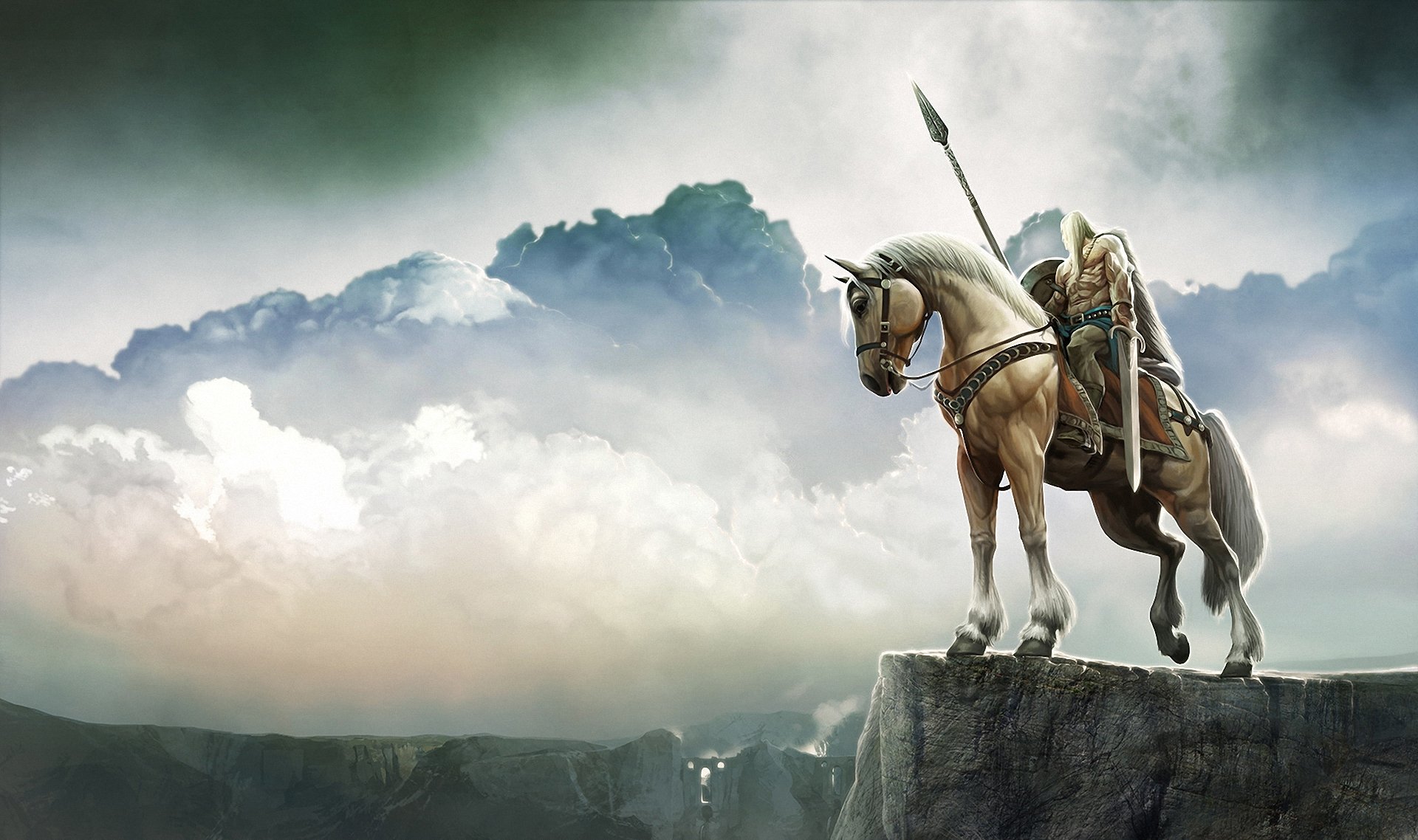 art warrior horse horseman broken height landscape spear sword panorama