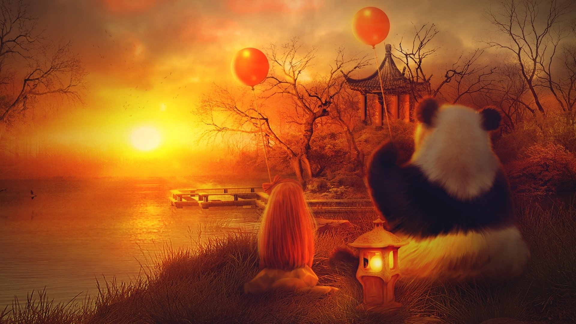 fille panda boules orange soleil coucher de soleil lanterne maison arbres lac