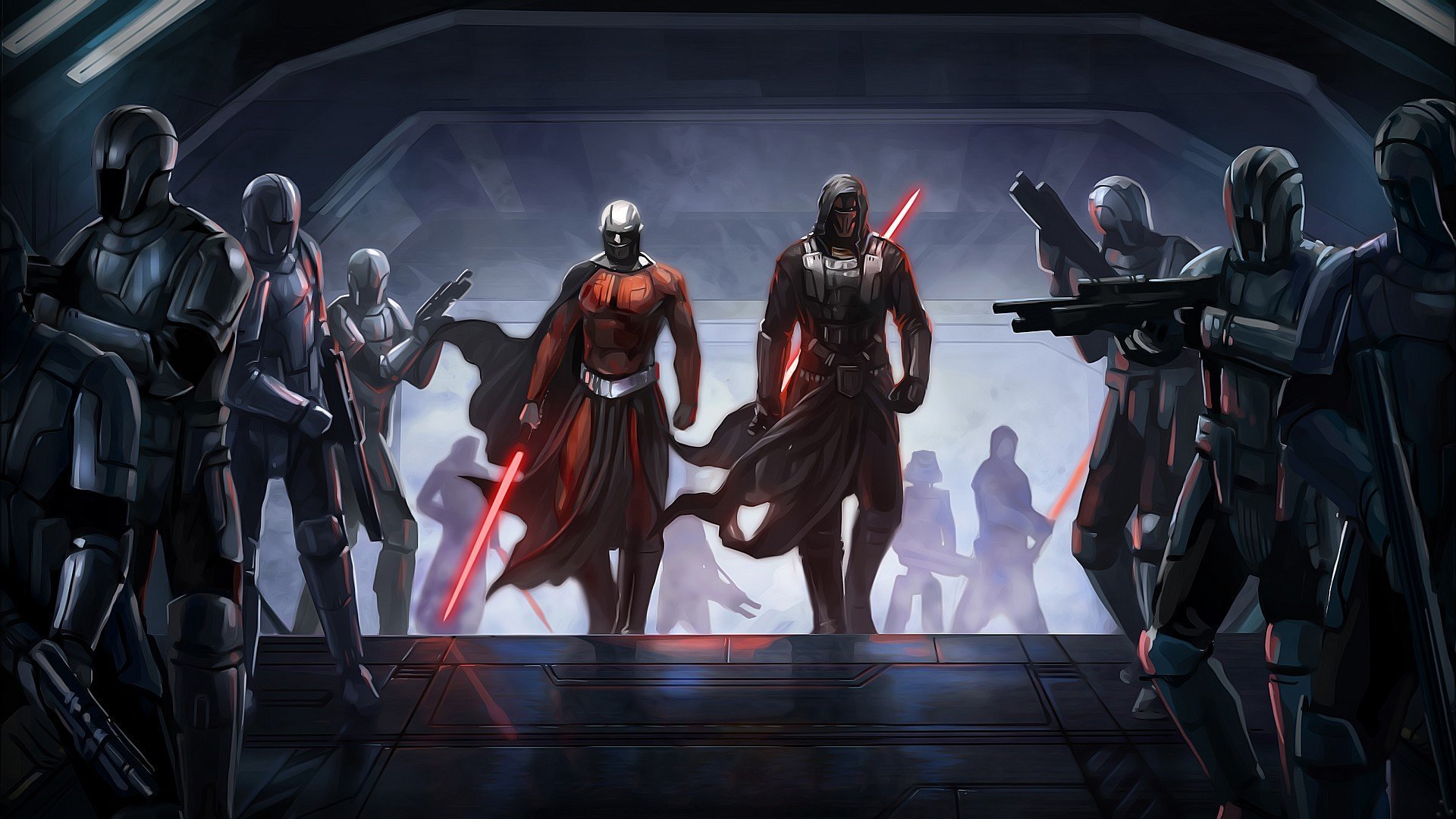 guerra de las galaxias caballeros de la antigua república darth malak darth revan espadas soldados nave