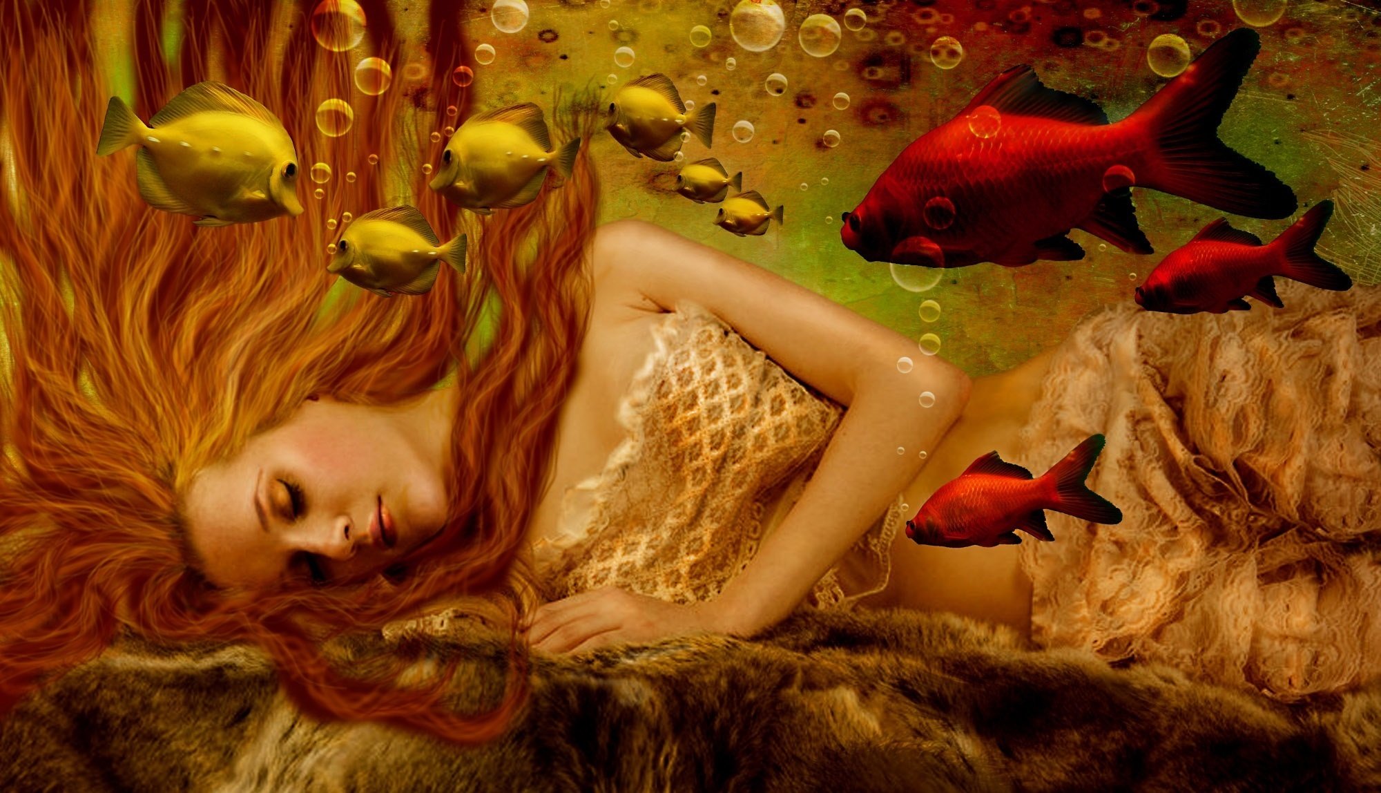 fiction girl mermaid water bubbles face hair long hands fish