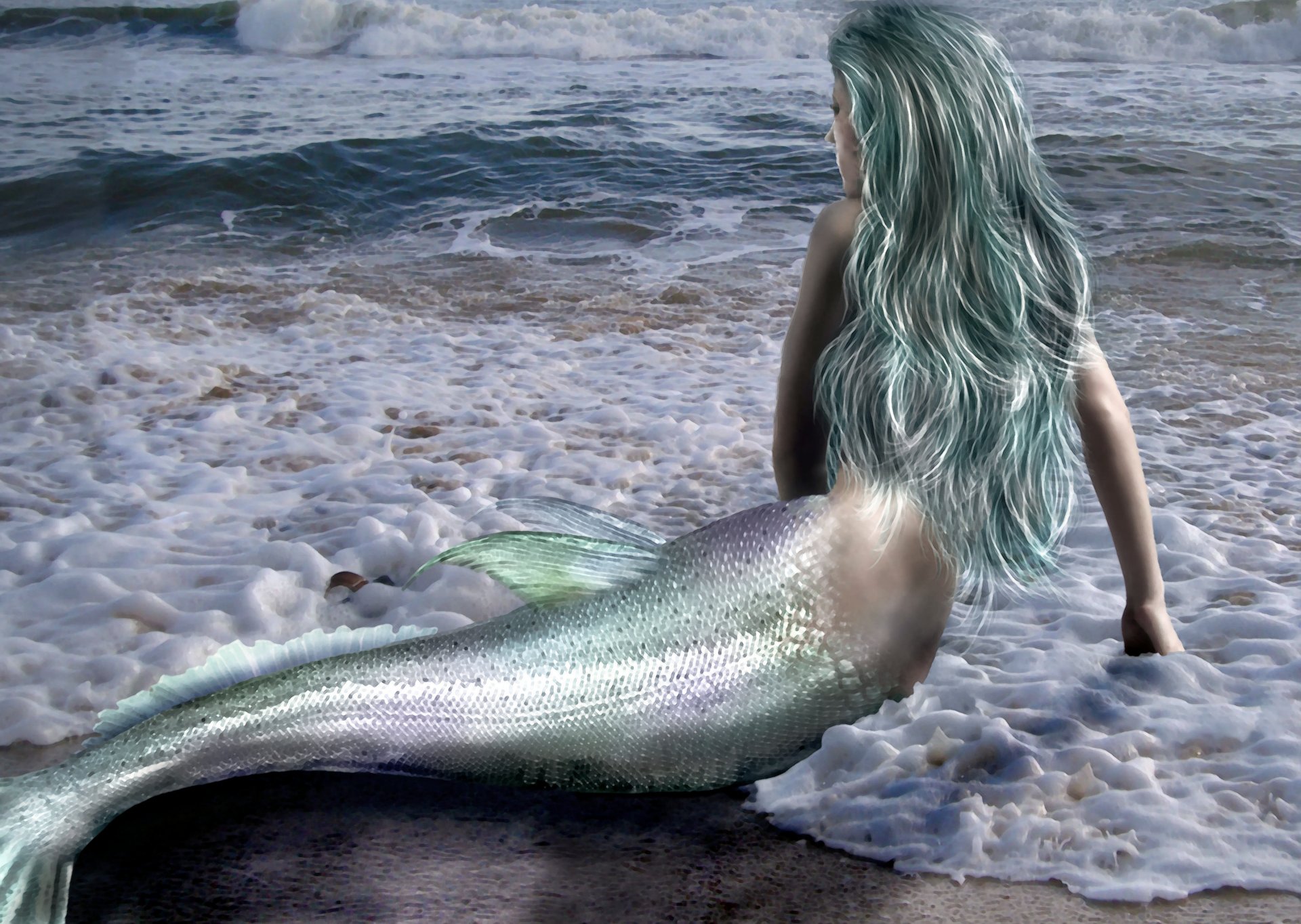 fantasia ragazza sirena coda schiena braccia capelli mare onde