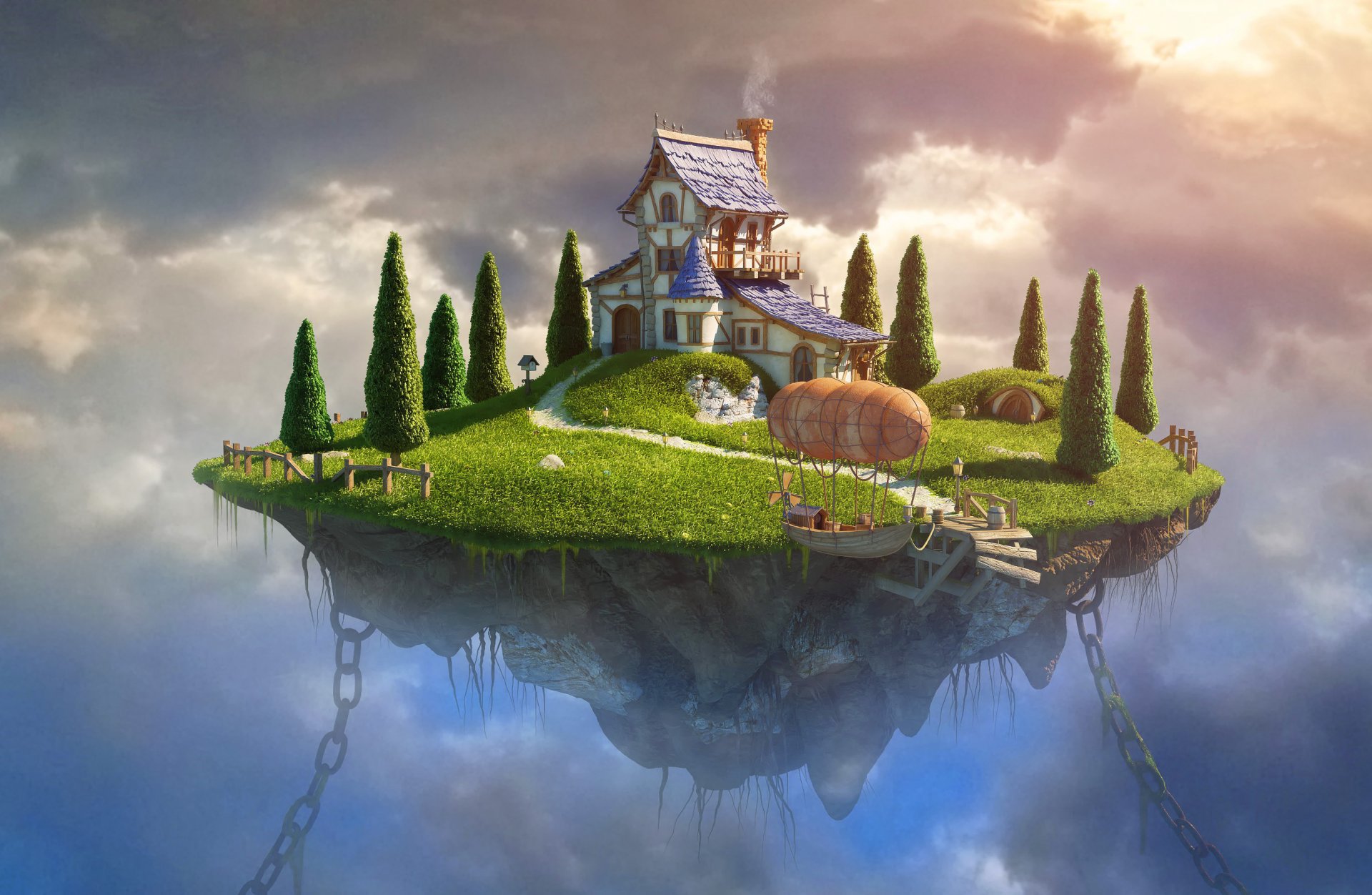 house chains tree grass boat clouds sky art graphics landscape