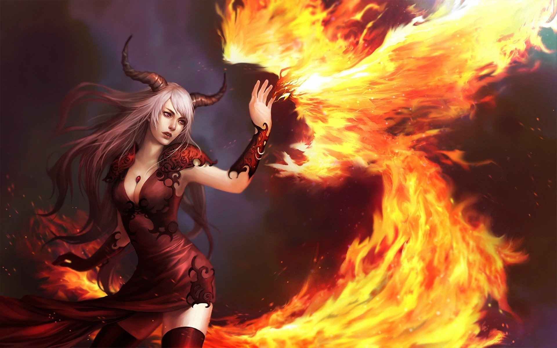 art girl demon demoness horn phoenix fire poultry