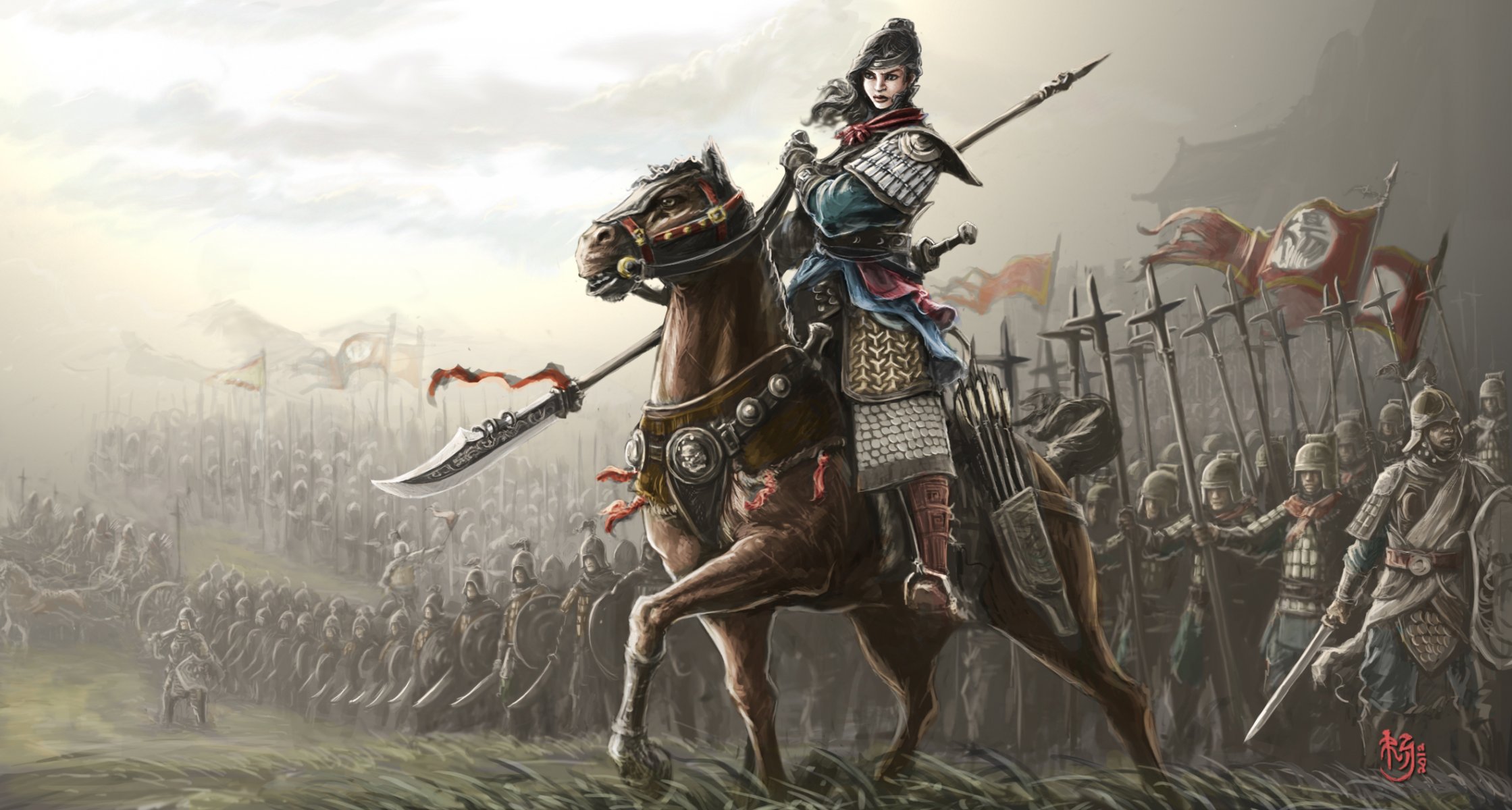 fiction art warriors weapon armour horse girl flag