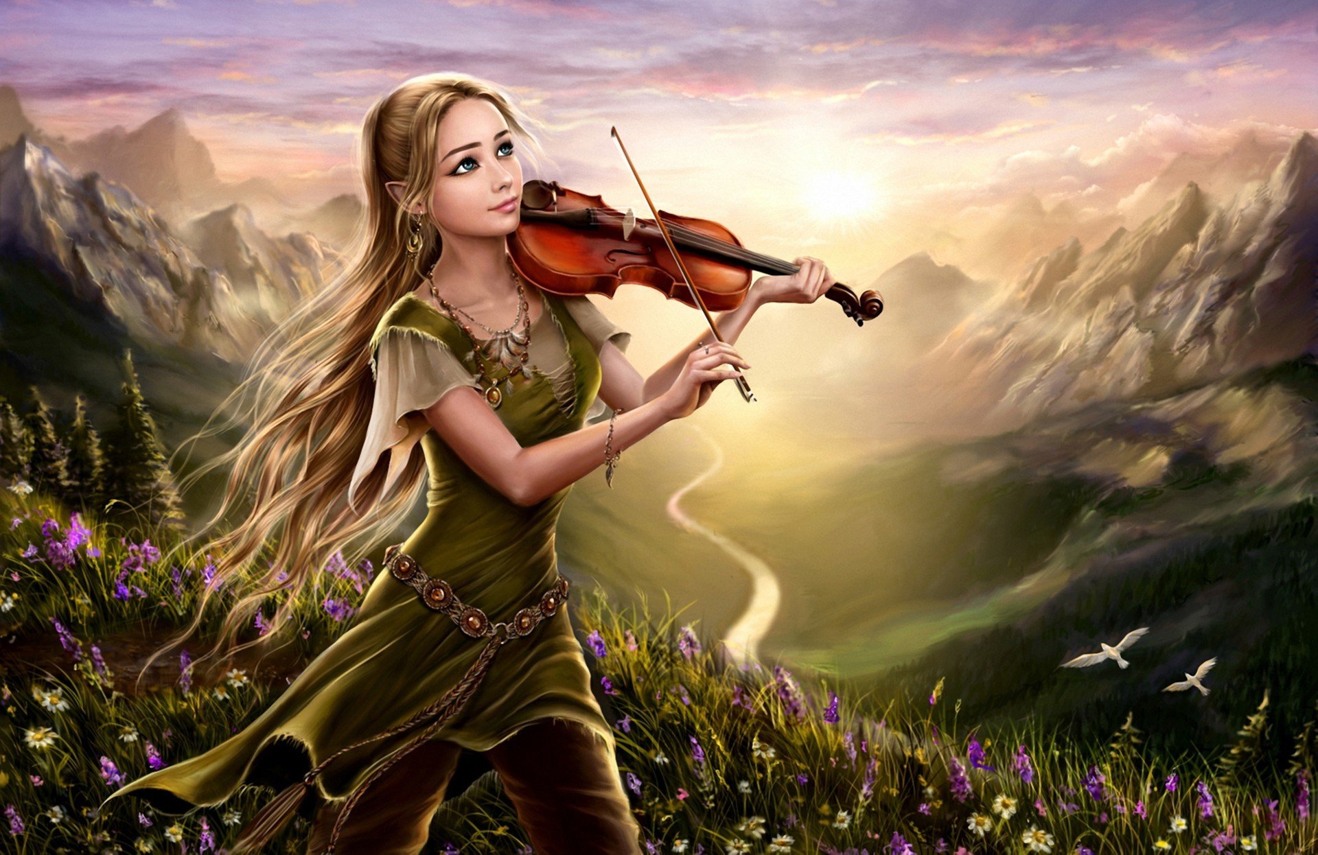 art fantasy girl violin nature dawn river mountain hill flower bird