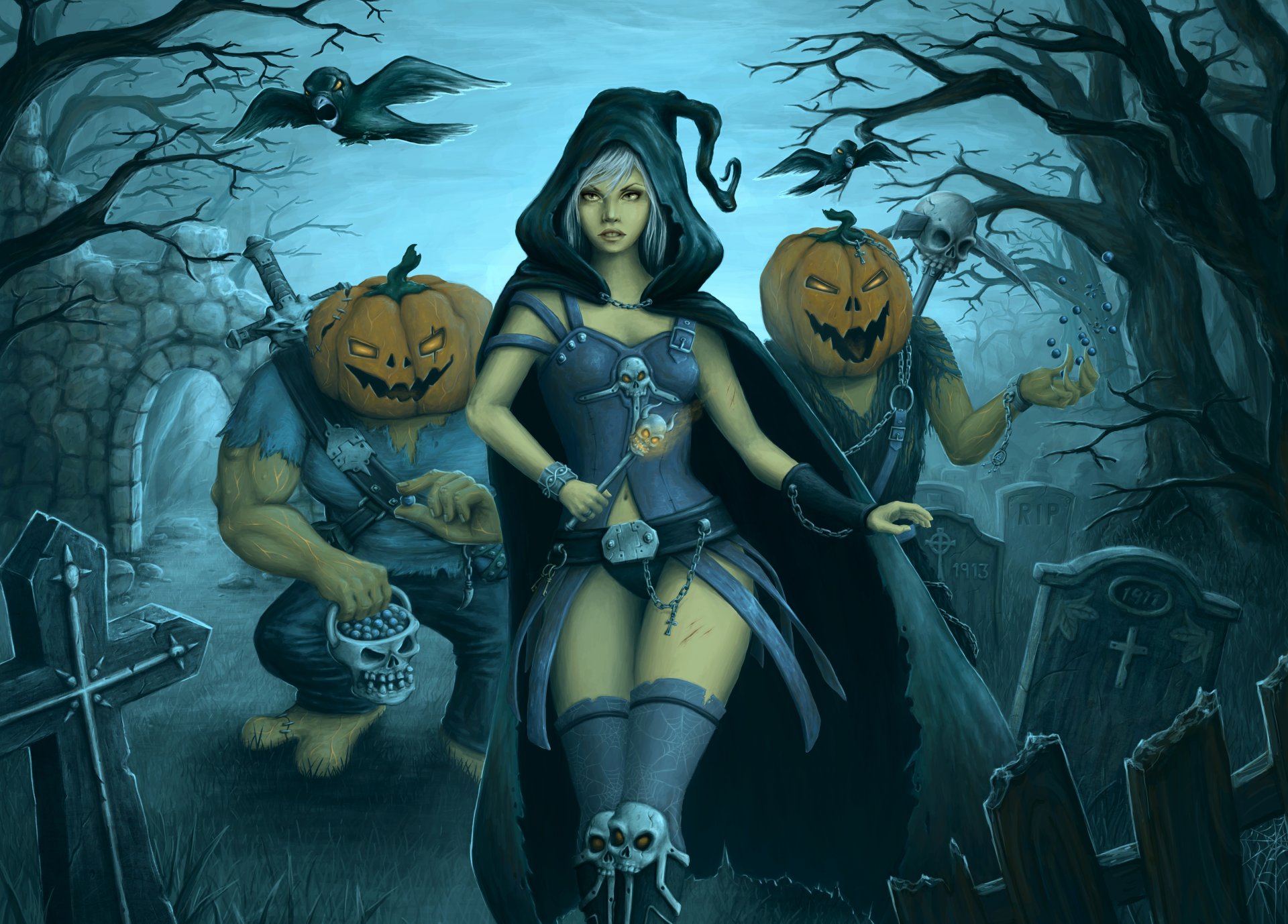 halloween cemetery girl monsters night moon