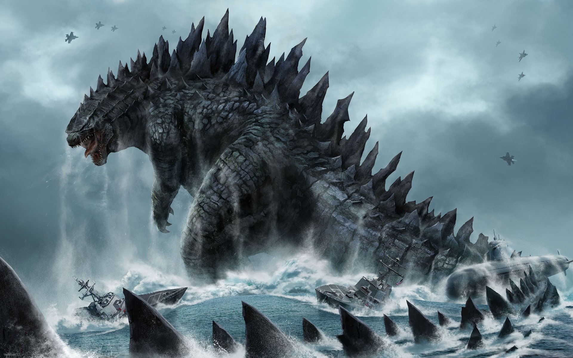 godzilla monstruo dinosaurio cola barcos aviones de combate submarino mar olas cielo