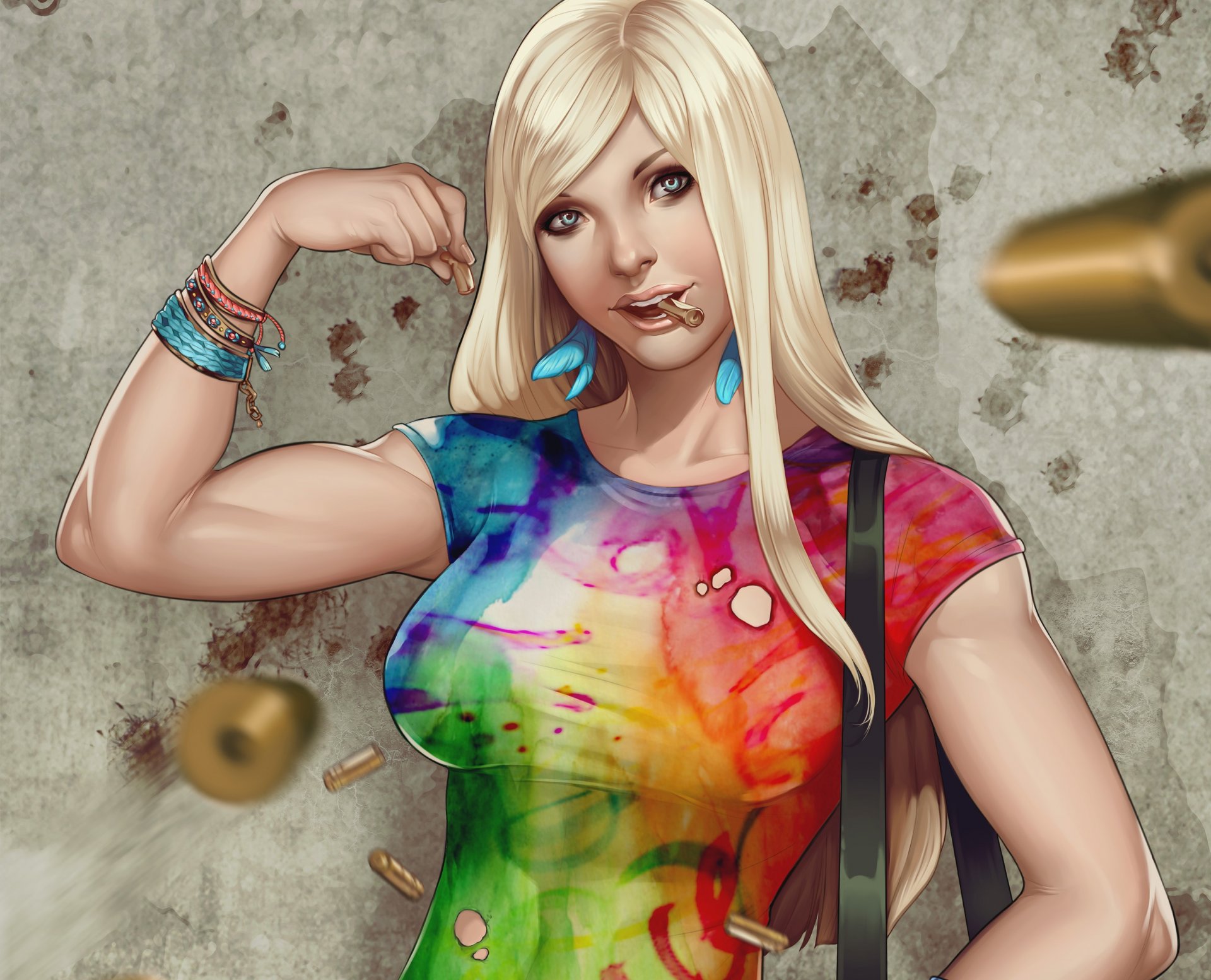 art supergirl girl of the sleeve wall t-shirt earrings muscles blonde bracelets feather