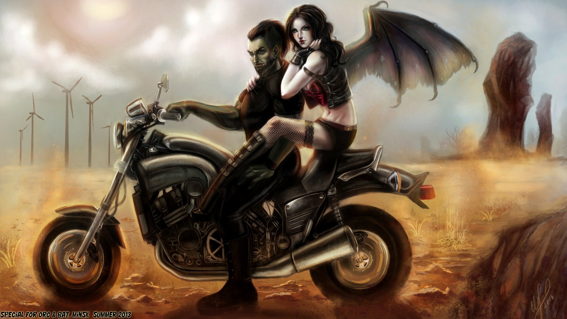 art bike ork guy girl wings stockings desert