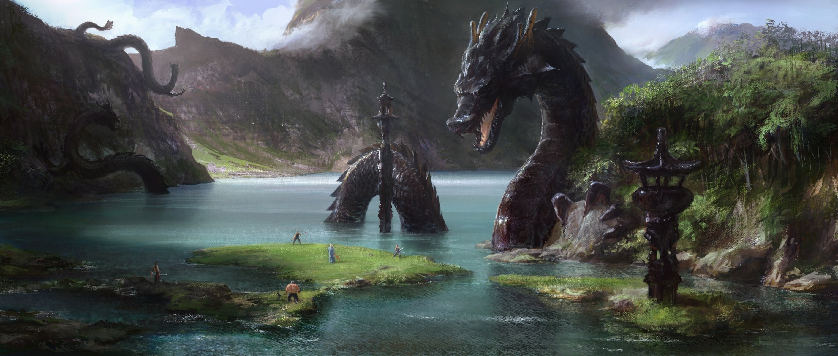 arte río rocas personas dragones gigante asia estructuras