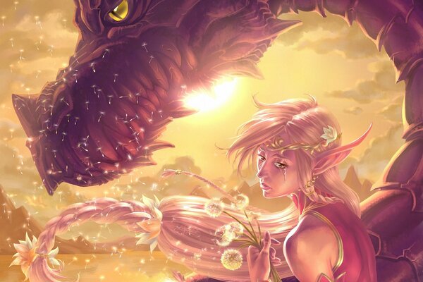 Elf girl with dragon with fantasy