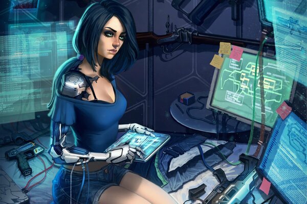 Ragazza cyborg al lavoro a distanza