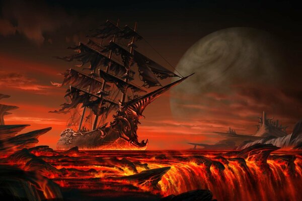 A ship sailing on lava