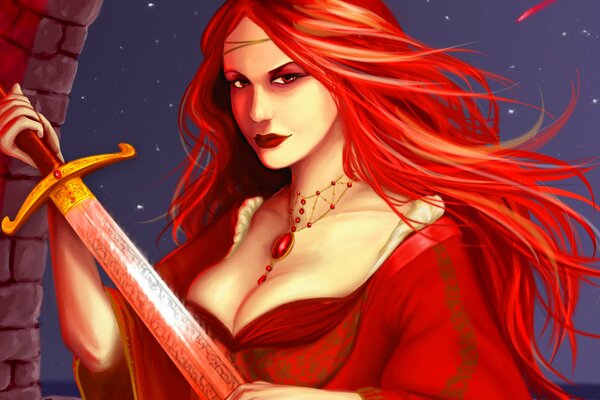 The look of a girl with red hair with a sword