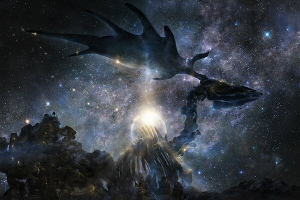 Kunst des Nachthimmels und ungewöhnliche Riesenwesen