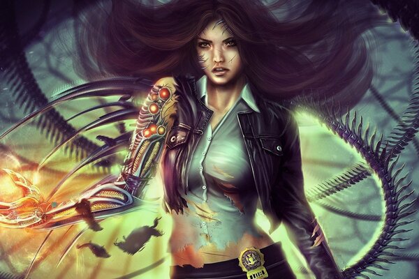 Fantasy image of a girl with a cyber hand