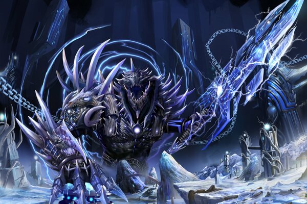 Cool monster with chains surrounded by snow towers