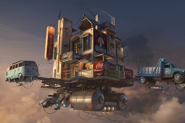 Une maison fantastique plane dans les nuages